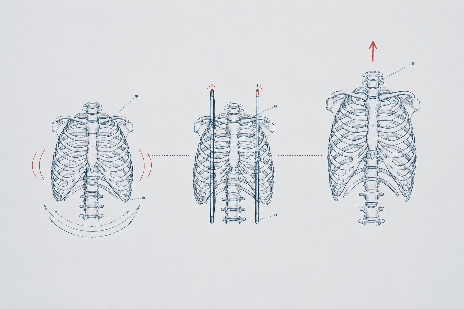 Radiographic tracing in three panels: a rib cage with breathing arcs, the same cage fitted with slender support rods, and a taller rib cage with a growth arrow, slate blue line on film gray