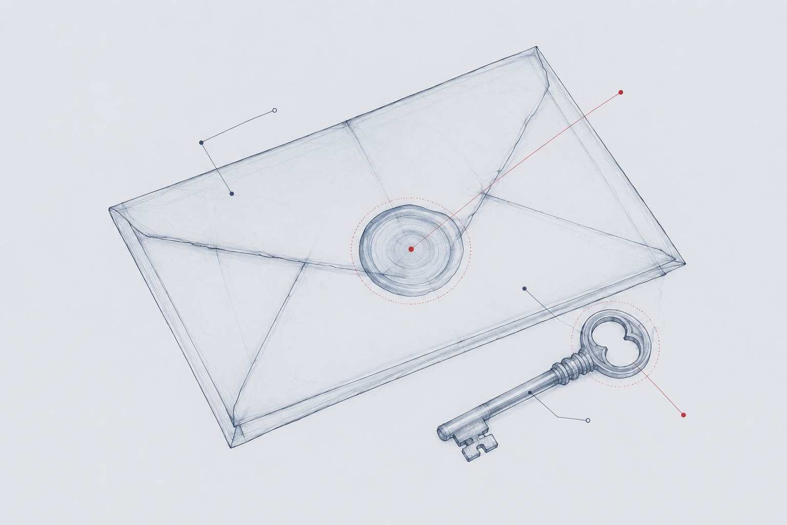 Still life in fine line tracing: a folded letter, a small key, and a wax seal, slate blue contours on pale film gray with one red accent dot
