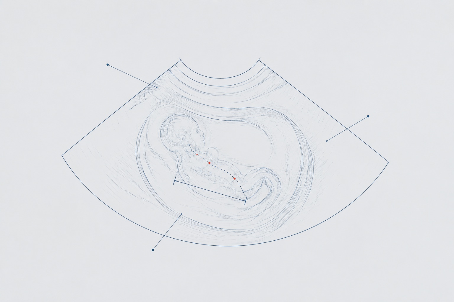 Line-traced ultrasound fan in pale slate blue with a dotted fetal spine curve and a small red caliper measurement mark on film gray