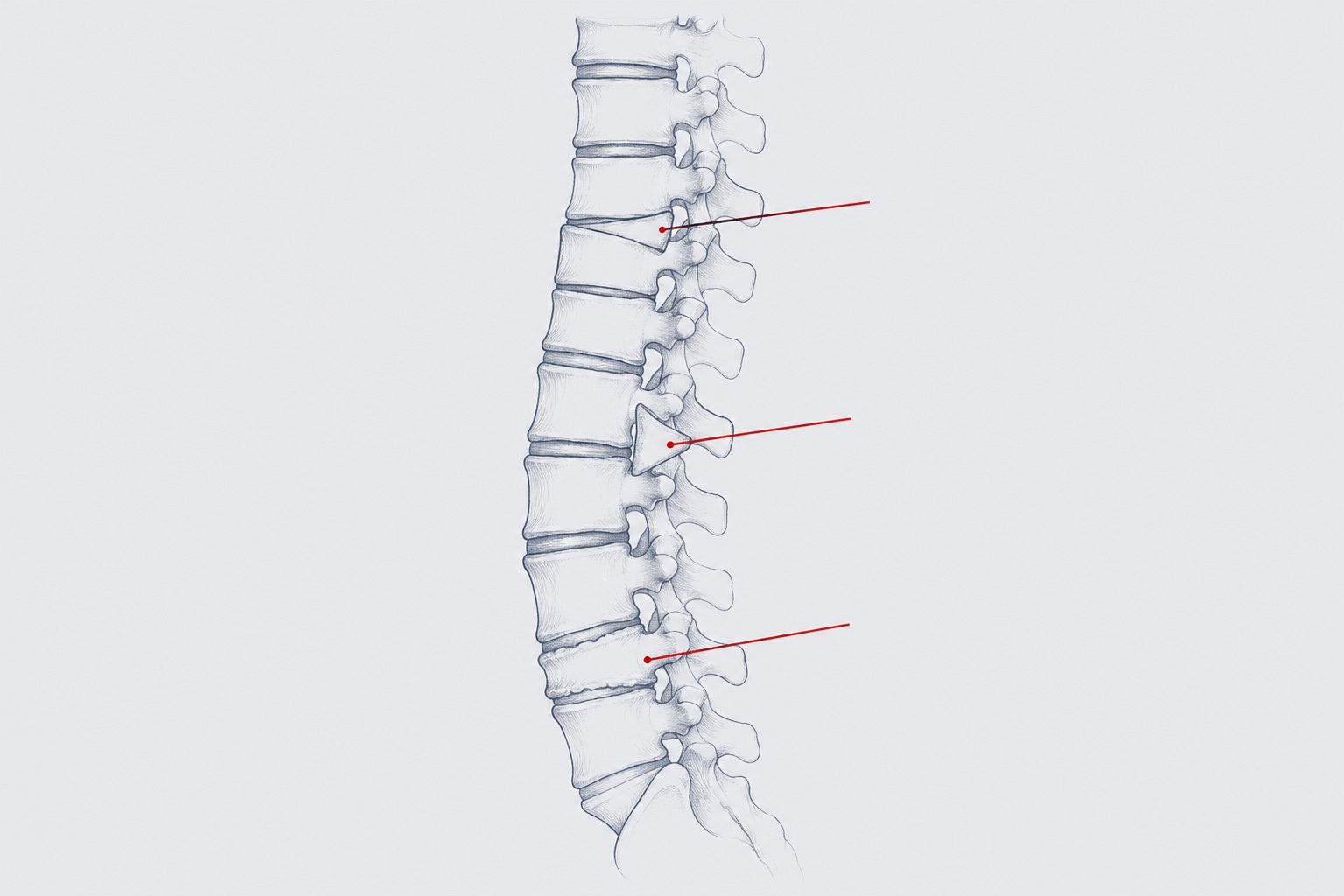 Lateral spine study in slate blue tracing: a stack of distinct vertebral bodies in which three are visibly misshapen, one wedge-shaped, one triangular hemivertebra, one fused pair, each marked with a red dot and leader line, on film gray
