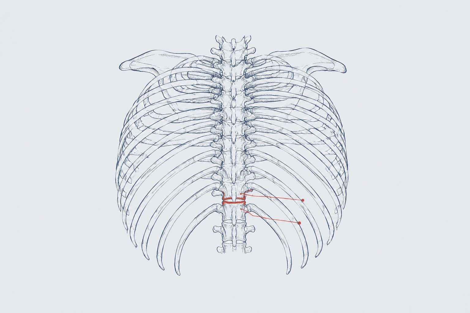Frontal thorax study in fine slate blue tracing, small symmetric cage with dense crab-fan ribs, posterior fusion region emphasized with a red glaze stroke on film gray