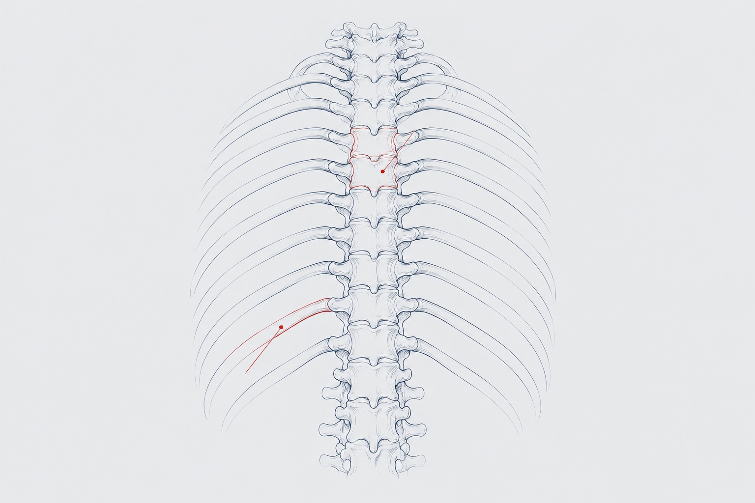 Radiographic tracing of the thoracic spine and rib cage in slate blue ink with one signal red marked vertebra and rib pair, on pale film gray
