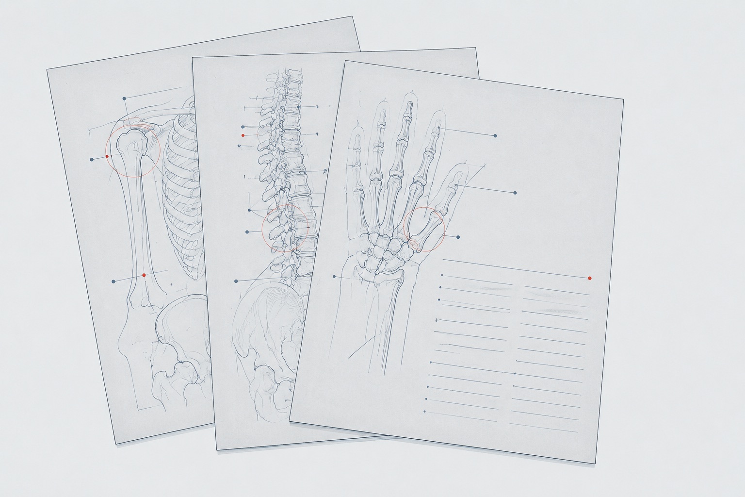 Stack of three overlapping record sheets traced in fine slate blue lines with ruled ink columns and one red date stamp dot, on film gray
