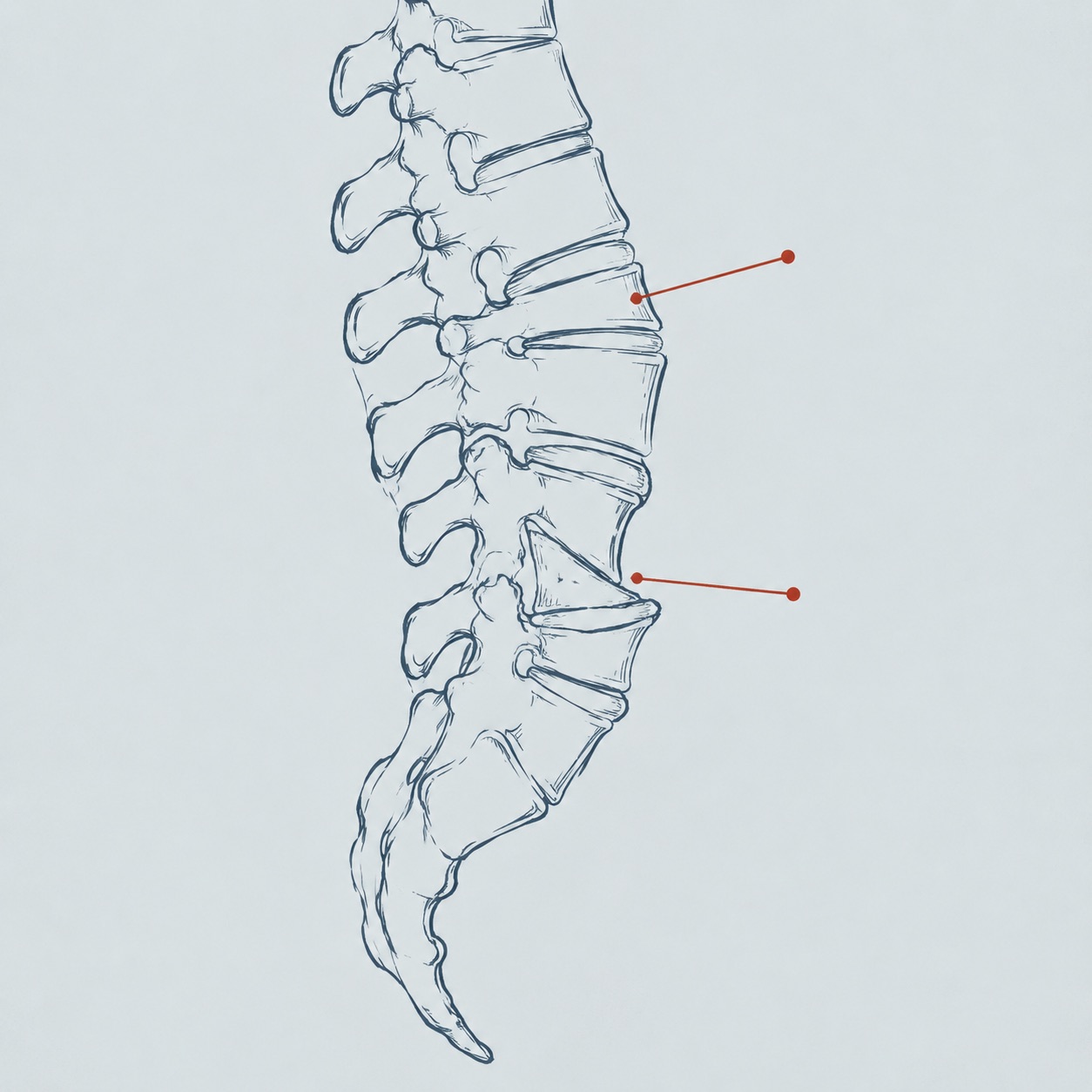 Traced lateral spine study with fused and misshapen vertebrae in slate blue lines, two anomaly sites marked with red dots