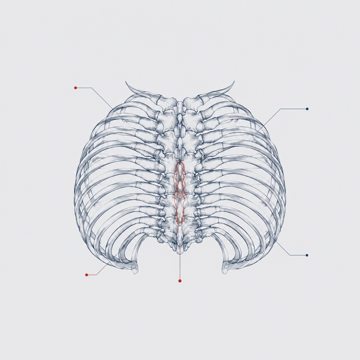 Traced study of a small symmetric crab-like rib cage in slate blue lines with a red emphasis stroke at the posterior fusion region